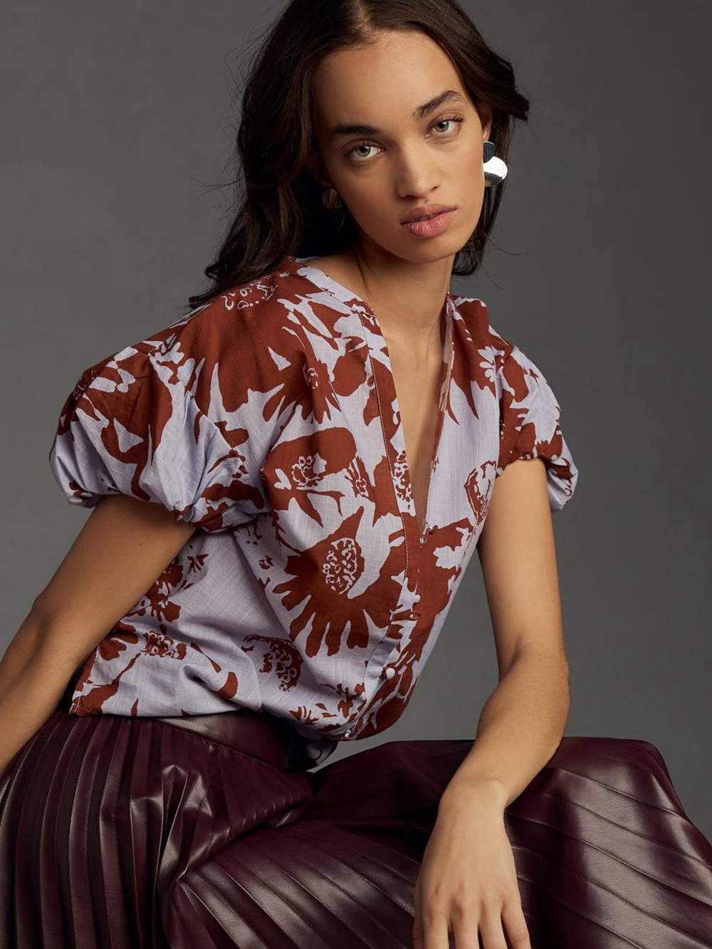 Anthropologie Maeve Bubble Sleeve Floral Button Down Cotron Blouse Small